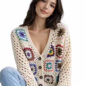 Dreamers Granny Square crocheted cardigan, colourful, boho chic